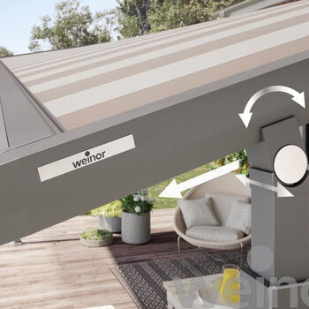 Pergola-Markise von weinor - Durch das Ausgleichsgelenk am Teleskop-Pfosten kann sich die Markisenkonstruktion flexibel auf die veränderte Neigung beim Absenken einstellen.