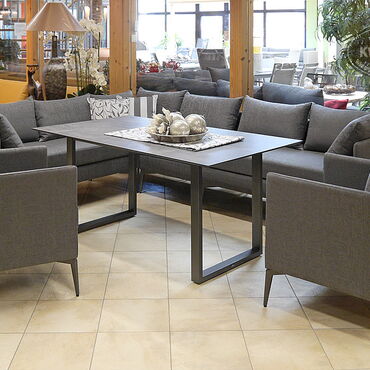 Gartenmöbel - Ecklounge aus Outdoorstoff für den Garten oder Terrasse + 2 Loungesessel + Esstisch